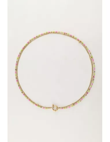 My Jewellery - Driedubbele ketting met groene & roze kralen goud