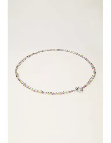 My Jewellery - Driedubbele ketting met groene & roze kralen zilver